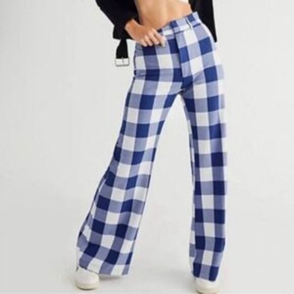 Free People Jules High Waist Plaid Flare Pants Blue...